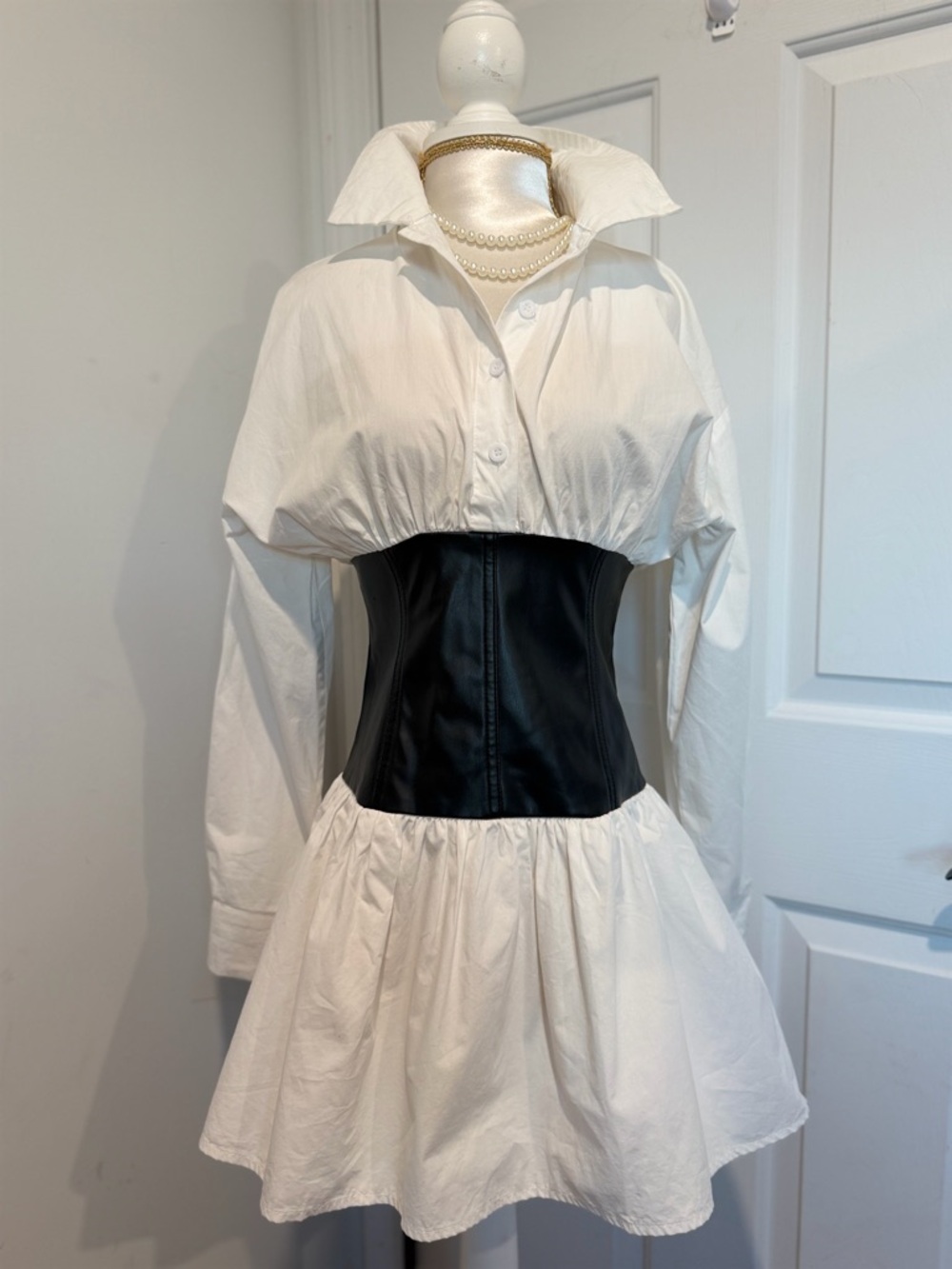 Zara White Mini Shirt Dress with Black Waist Corset